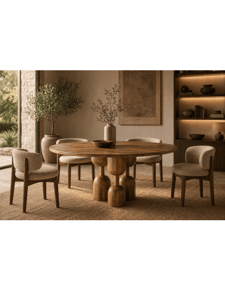 Table à manger ronde 120 cm bois de manguier sculpté naturel Totemia