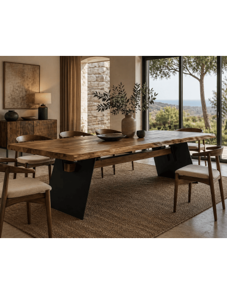 Table à manger 8 à 10 personnes en bois d’acacia et métal noir naturel 260 x 100 x 77 cm Itana