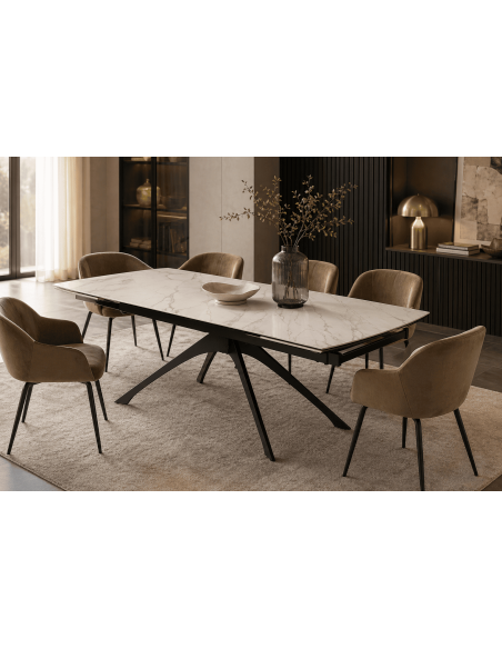 Table extensible 180 x 90 x H 76 cm céramique marbre beige noir métal Iriya