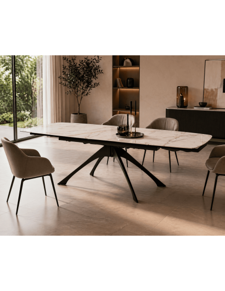 Table extensible 180 x 90 x H 76 cm céramique marbre beige noir métal Iriya