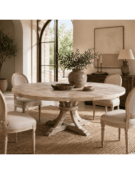 Table à manger ronde 150 cm bois de manguier blanc décapé Malira