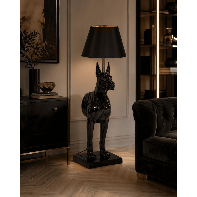 Lampadaire chien noir en résine et...