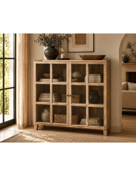 Vitrine bois de manguier naturel portes vitrées 120 x 35,5 x 122,5 cm Cala
