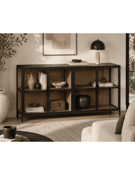 Vitrine basse métal noir et bois naturel portes vitrées 150 x 38 x 80 cm Barbate
