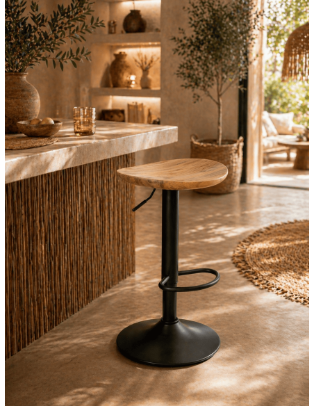 Tabouret de bar réglable bois naturel et métal noir H56-80 cm Nino