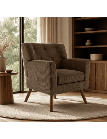 Fauteuil lounge marron foncé en velours côtelé coton-polyester et bois 72 x 74 x 80 cm Kirno