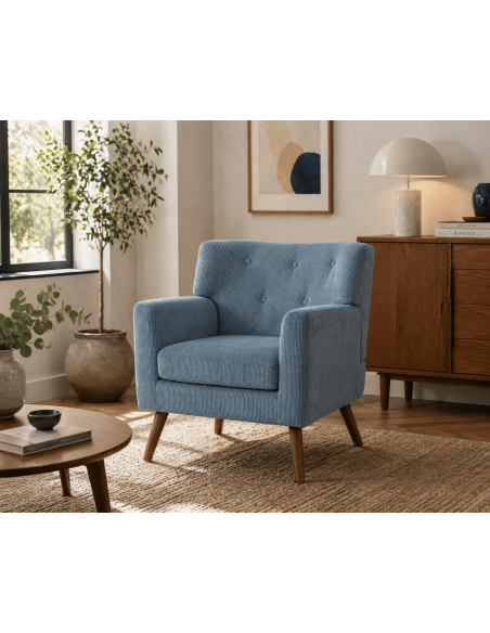 Fauteuil lounge bleu en velours côtelé coton-polyester et bois 72 x 74 x 80 cm Kirno
