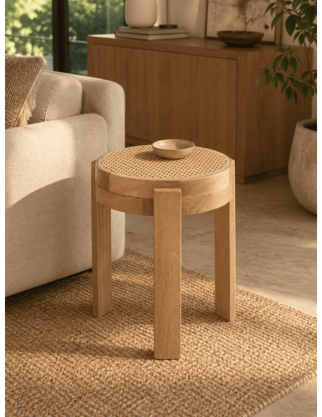 Tabouret rond bois de manguier et cannage rotin naturel Ø35 x H44 cm Pune