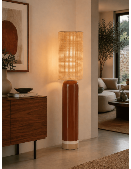 Lampadaire céramique terracotta et abat-jour effet cannage beige Ø30 x H112 cm Solenza