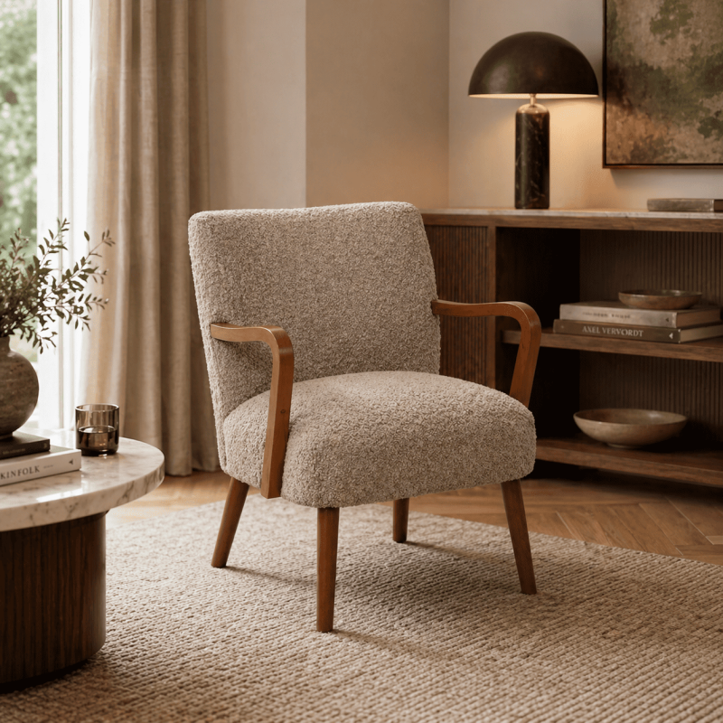 Fauteuil tissu bouclette taupe et...