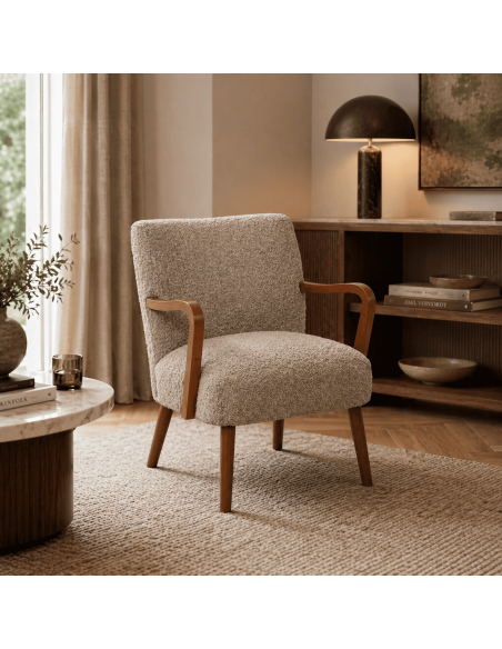 Fauteuil tissu bouclette taupe et bois H78 x L56 x P56 cm Nestor