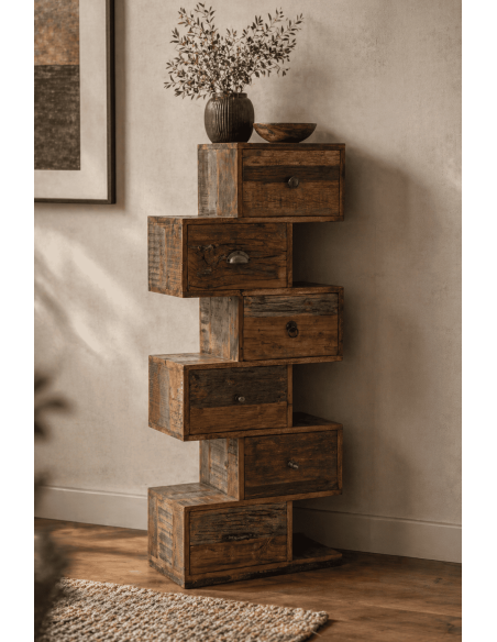 Commode colonne bois recyclé naturel 6 tiroirs 55 x 35 x H105 cm Toro