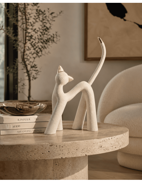 Statue chat design résine gris clair et doré 32 x 13,5 x H44 cm Kat