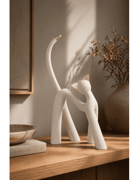 Statue chat design résine gris clair et doré 45 x 19 x H66,5 cm Kat