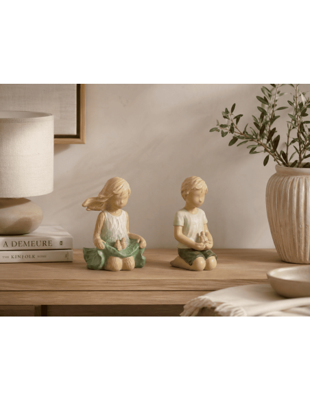 Statue enfant décorative résine vert et écru H15 cm lot de 2 Printania