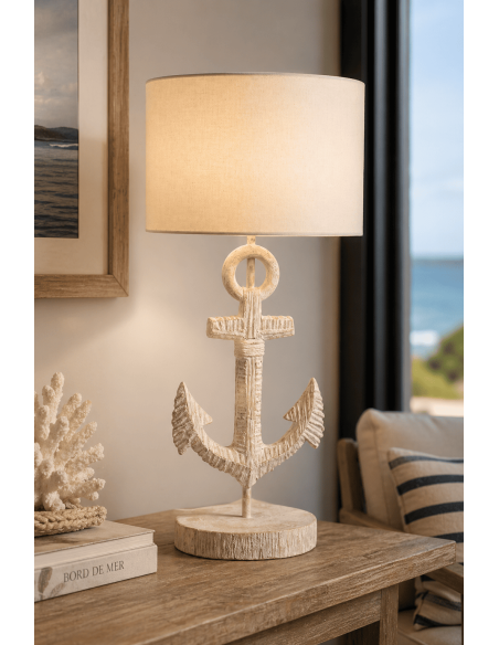 Lampe à poser ancre polyrésine crème abat-jour tissu blanc H58 cm Pelorin