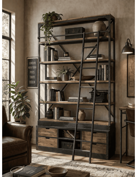 Bibliothèque étagère bois métal avec échelle 160 x 45 x 243 cm César