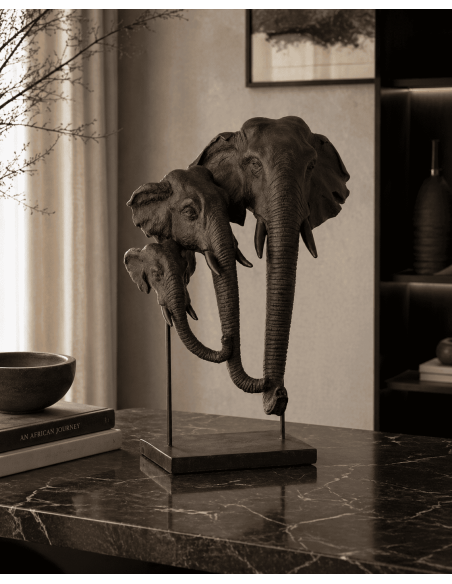 Statue éléphant famille sur socle polyrésine marron foncé 31 x 22 x H43.5 cm Denoria