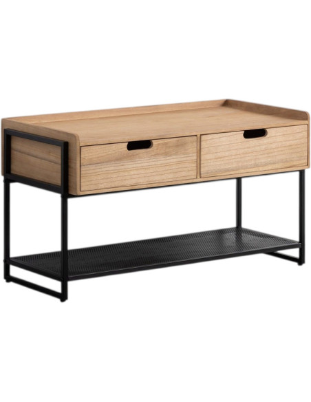 Meuble d’entrée 2 tiroirs MDF bois naturel et métal noir 100 x 48 x H56.5 cm Onara