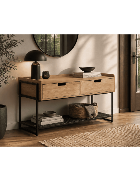 Meuble d’entrée 2 tiroirs MDF bois naturel et métal noir 100 x 48 x H56.5 cm Onara