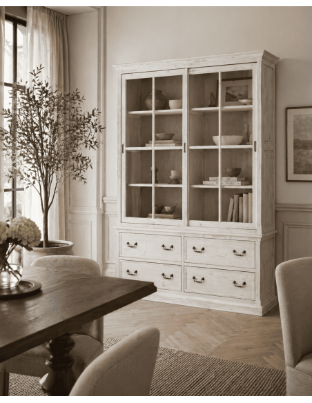 Armoire vitrine pin blanchi verre rose blanc 180 x 44 x H240 cm Héritagea