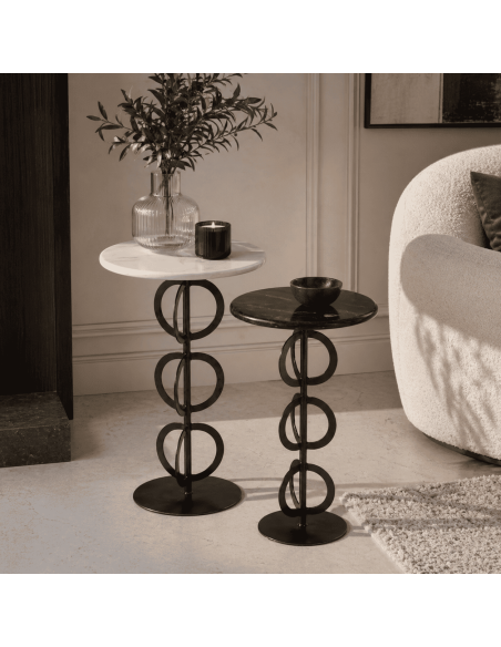 Tables d’appoint gigognes marbre blanc et noir métal noir Ø38 x H63 cm Anillaro