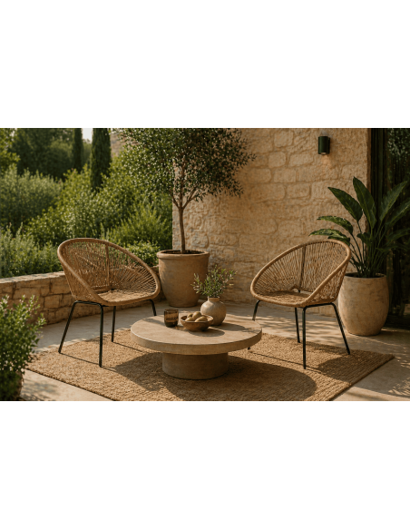Fauteuil extérieur lot de 2 polyéthylène naturel et acier noir 57 x 58 x H81 cm Rayo