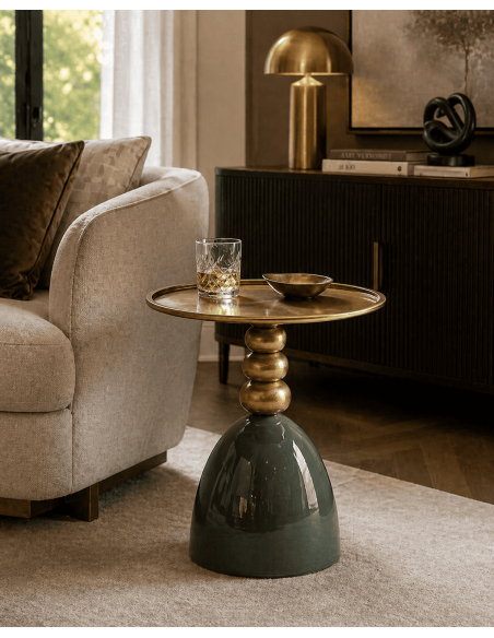 Table d'appoint ronde vert profond et doré métal Ø40 x H47 cm Magallón