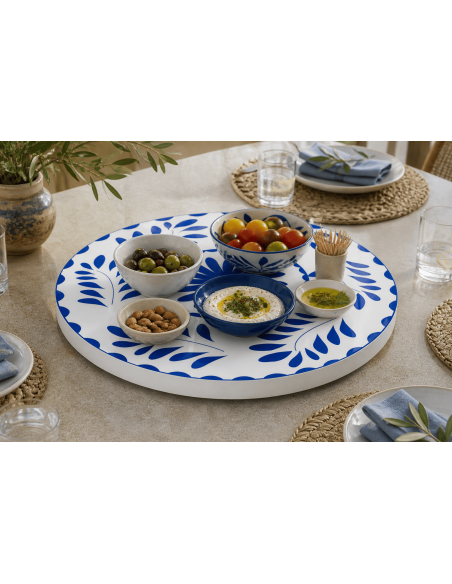 Plateau tournant bois de manguier bleu et blanc motif floral Ø45,5 x H5 cm Lupa