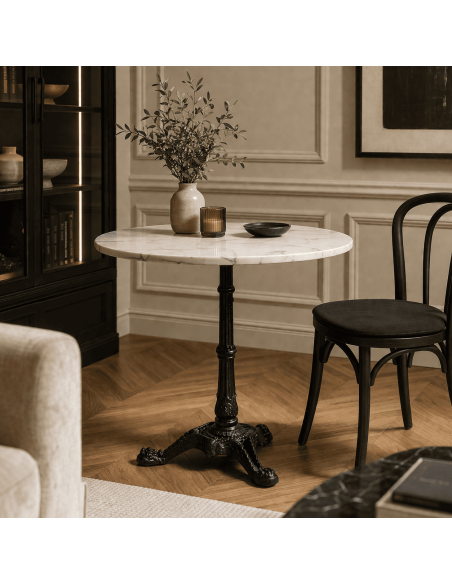 Table à manger bistrot marbre blanc et métal noir Ø80 x H71 cm Talia