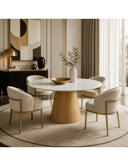 Table à manger ronde 4 personnes en métal et céramique blanc naturel 120 x 120 x 75 cm