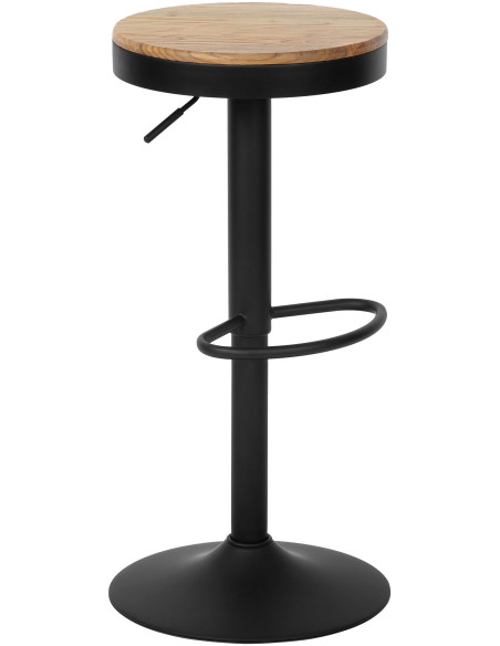 Tabouret de bar réglable bois d’orme naturel et métal noir 38,5 x 38,5 x 58 à 79 cm Arel