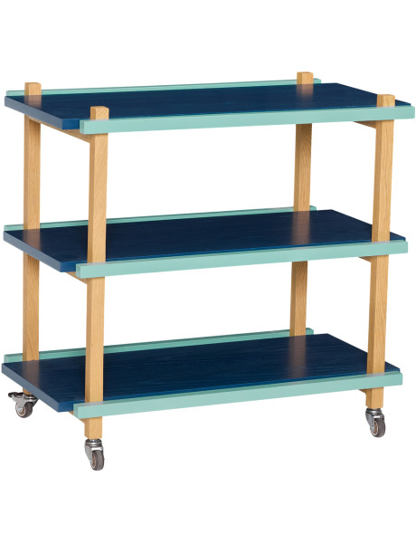 Desserte à roulettes bleu foncé, vert et naturel en frêne...