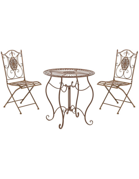 Salon de jardin 2 personnes marron antique en métal table 70 x 70 x 72 cm et chaises 40 x 50 x 92 cm Edris