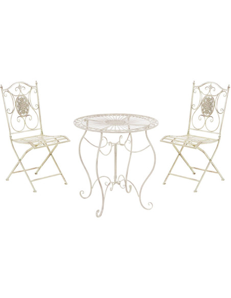 Salon de jardin 2 personnes crème antique en métal table 70 x 70 x 72 cm et chaises 40 x 50 x 92 cm Edris