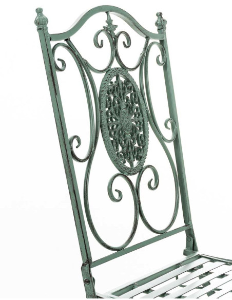 Salon de jardin 2 personnes vert antique en métal table 70 x 70 x 72 cm et chaises 42 x 49 x 91,5 cm Edris