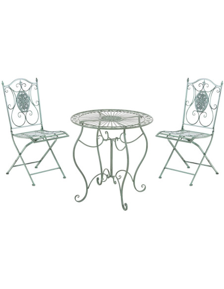 Salon de jardin 2 personnes vert antique en métal table 70 x 70 x 72 cm et chaises 42 x 49 x 91,5 cm Edris