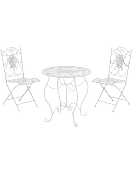 Salon de jardin 2 personnes blanc antique en métal table 70 x 70 x 72 cm et chaises 42 x 49 x 91,5 cm Edris