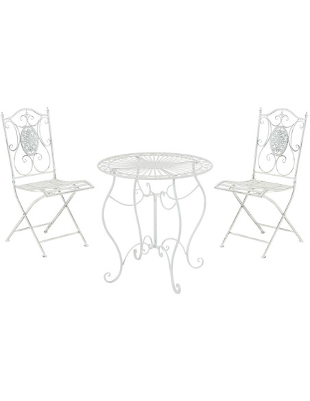Salon de jardin 2 personnes blanc antique en métal table 70 x 70 x 72 cm et chaises 42 x 49 x 91,5 cm Edris