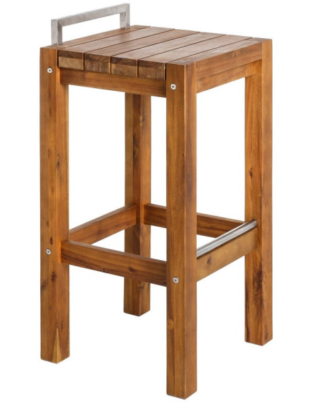 Tabouret haut de jardin naturel et inox en bois d’acacia et acier inoxydable 40 x 40 x 80 cm Ortigosa