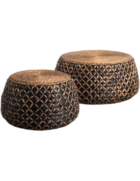 Lot de 2 tables basses rondes en fibres naturelles tressées naturel et noir Tanoa