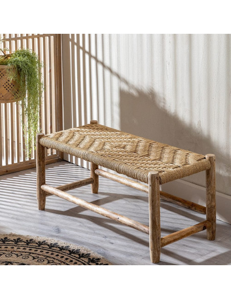 Banquette en bois de manguier et fibres naturelles beige naturel 92 x 42 x 41 cm Cazorla