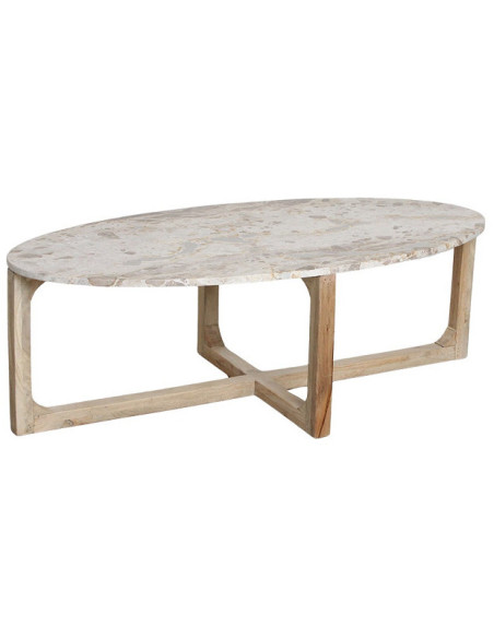 Table basse ovale en marbre crème et bois 120 x 60 x 38 cm Marble