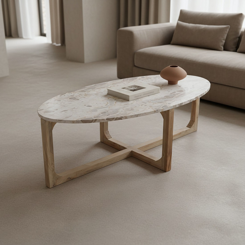 Table basse ovale en marbre crème et...