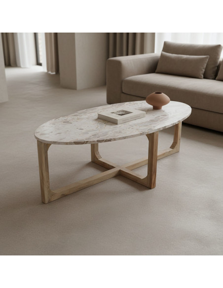 Table basse ovale en marbre crème et bois 120 x 60 x 38 cm Marble