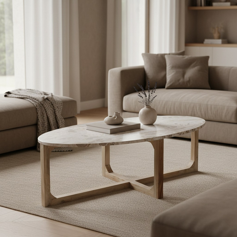 Table basse ovale en marbre crème et...