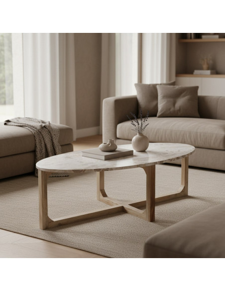 Table basse ovale en marbre crème et bois 120 x 60 x 38 cm Marble