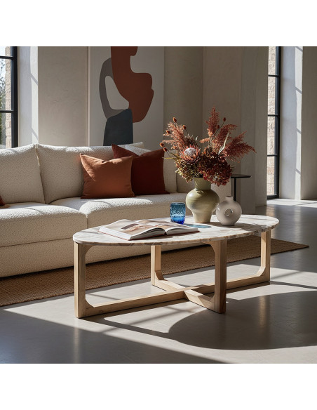 Table basse ovale en marbre crème et bois 120 x 60 x 38 cm Marble