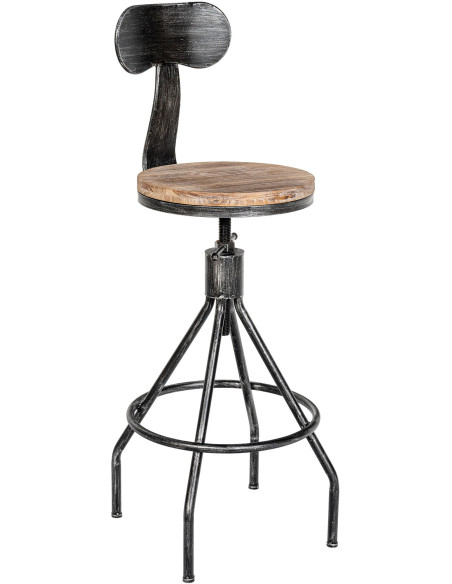 Tabouret de bar réglable en bois de pin et métal argent antique 41 x 41 x 96 à 116 cm Atelys