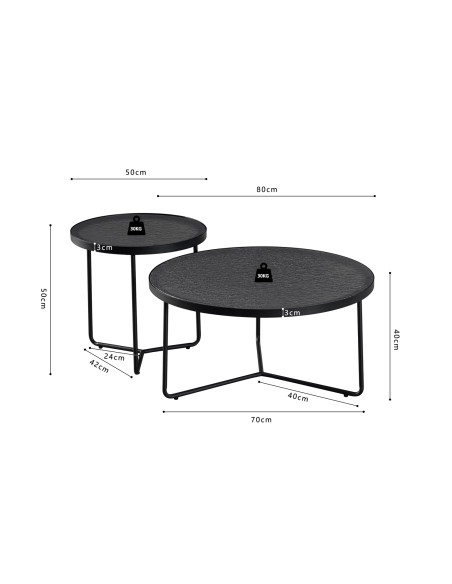 Tables basses gigognes rondes en verre gris et métal noir Melia